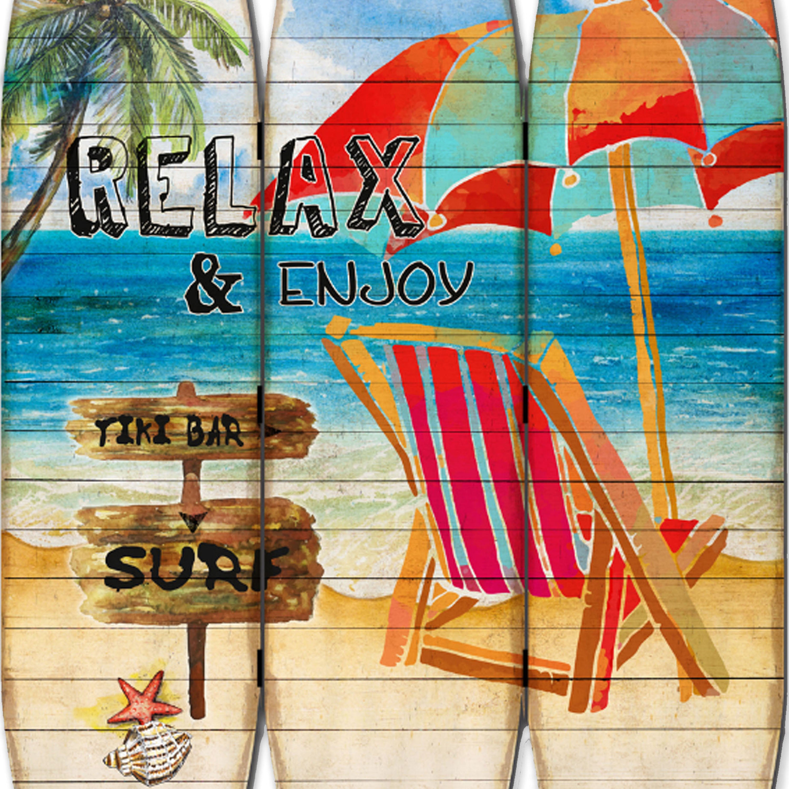 Lounge and Umbrella Print Surfboard Shaped 3 Panel Room Divider, Multicolor-zoom-3
