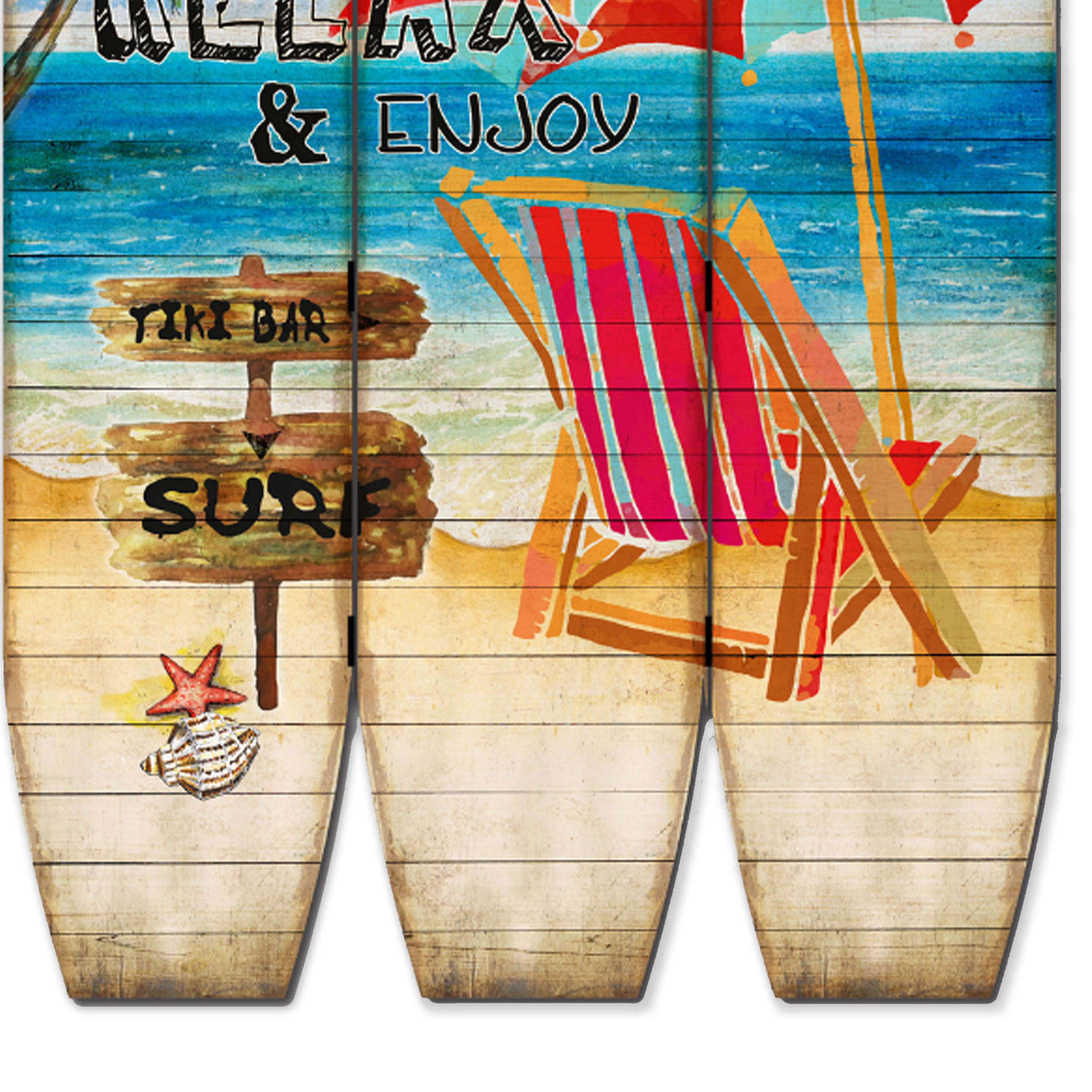 Lounge and Umbrella Print Surfboard Shaped 3 Panel Room Divider, Multicolor-zoom-4