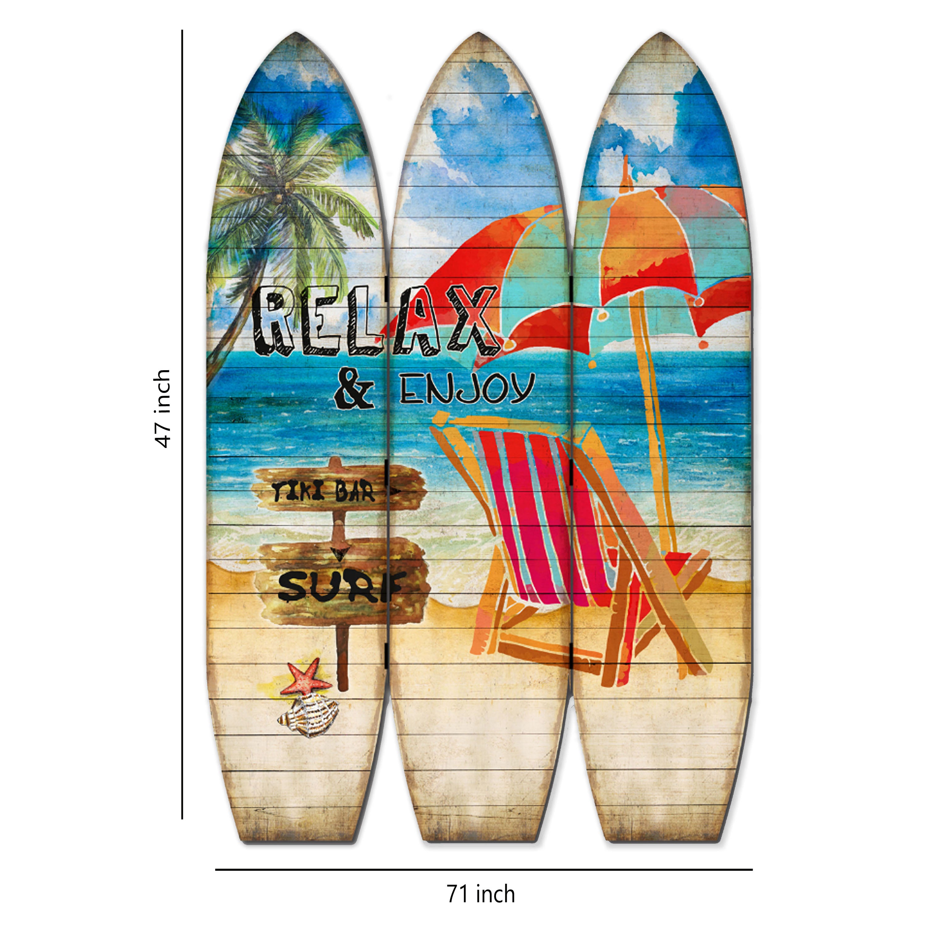 Lounge and Umbrella Print Surfboard Shaped 3 Panel Room Divider, Multicolor-zoom-5