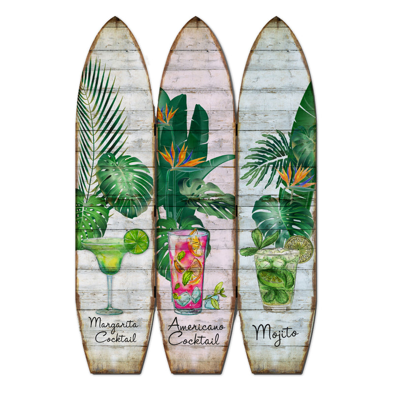 Surfboard Shaped Palm Leaf and Drinks Print 3 Panel Room Divider, Multicolor-zoom-