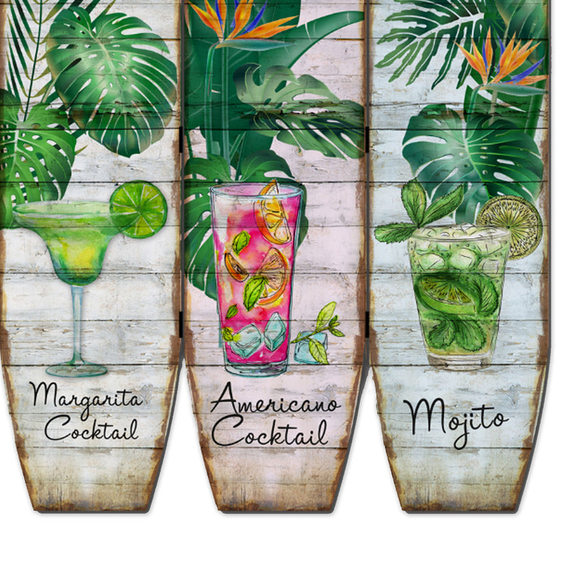 Surfboard Shaped Palm Leaf and Drinks Print 3 Panel Room Divider, Multicolor-zoom-