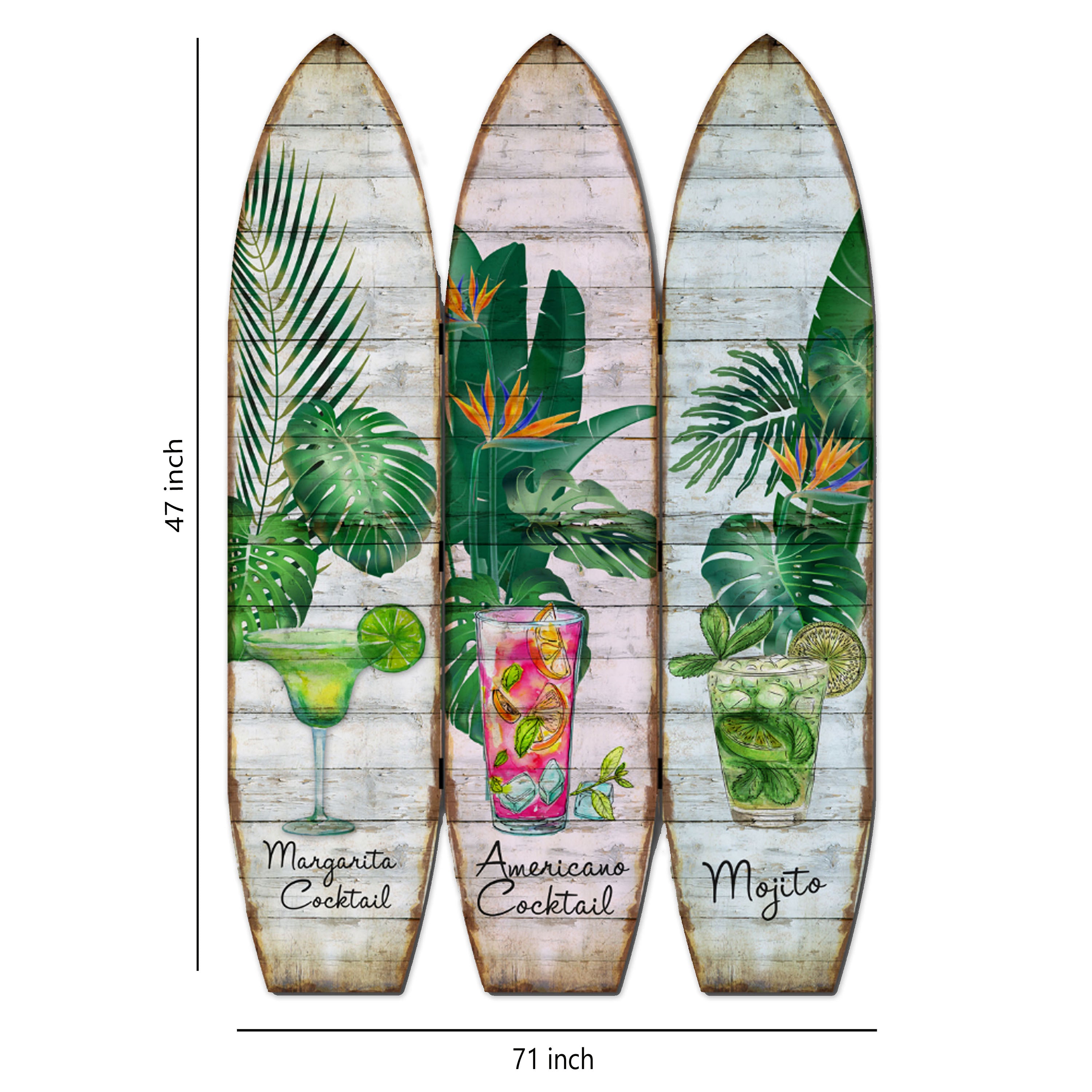 Surfboard Shaped Palm Leaf and Drinks Print 3 Panel Room Divider, Multicolor-zoom-5