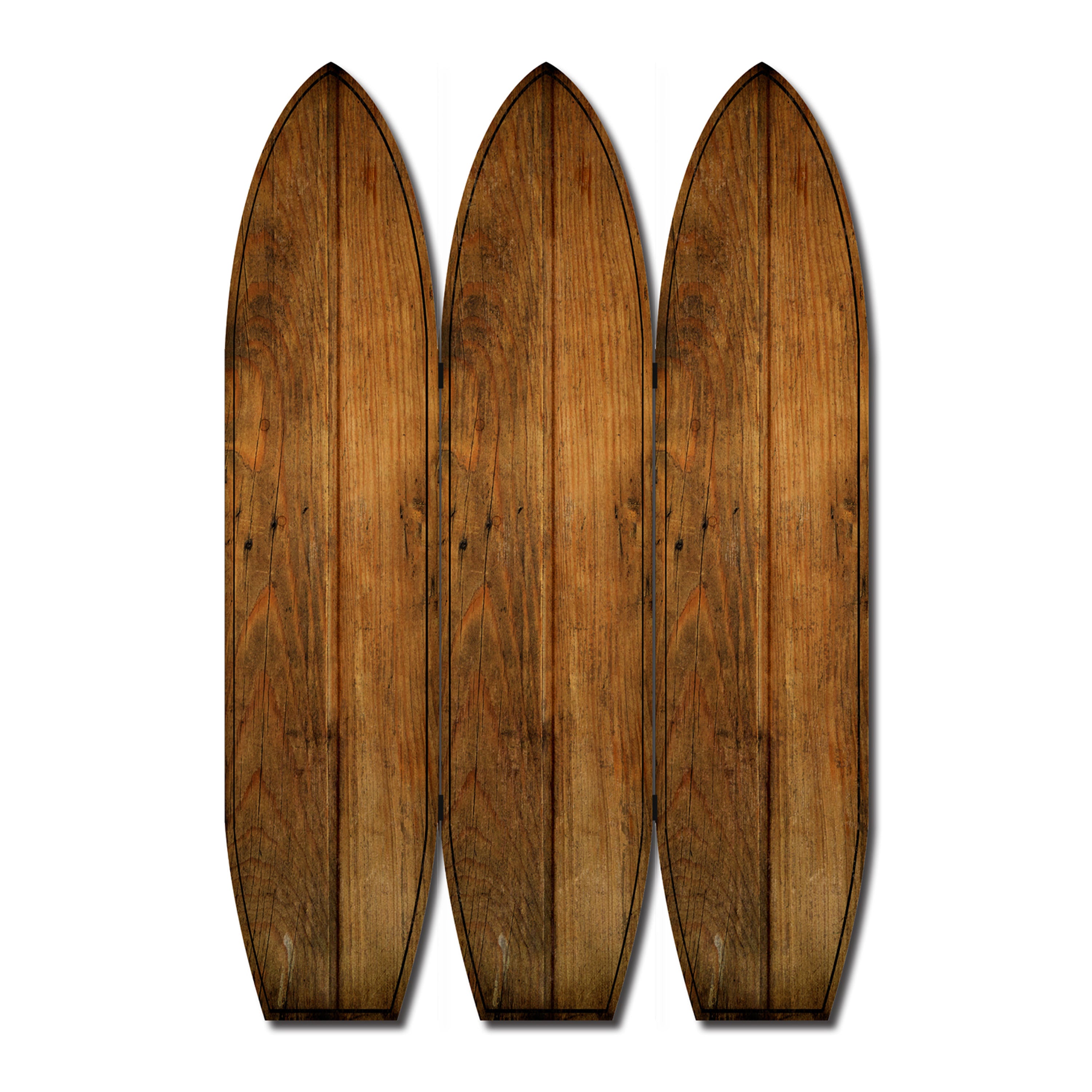 Plank Style Surfboard Shaped 3 Panel Wooden Room Divider, Brown-zoom-1