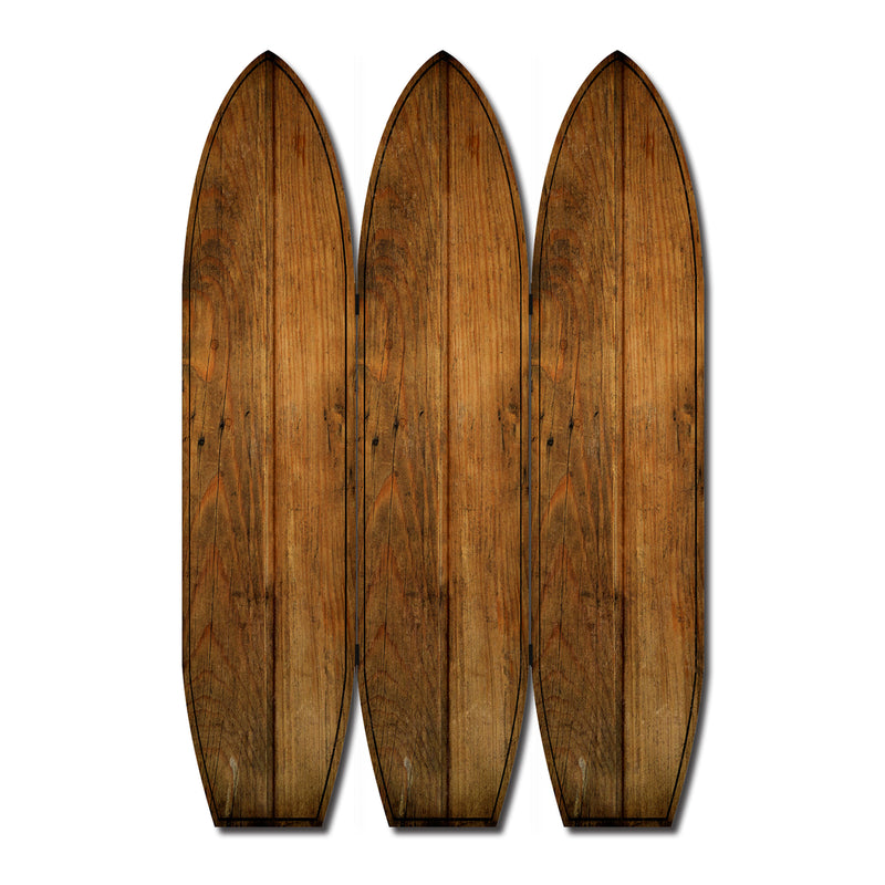 Plank Style Surfboard Shaped 3 Panel Wooden Room Divider, Brown-zoom-