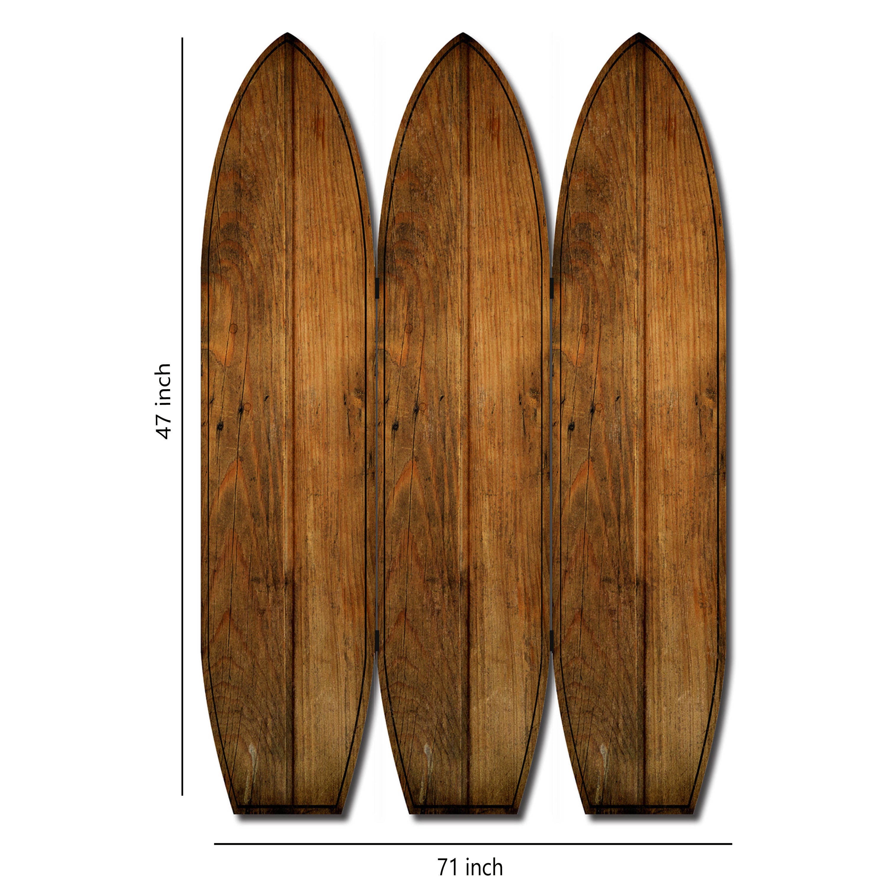 Plank Style Surfboard Shaped 3 Panel Wooden Room Divider, Brown-zoom-5