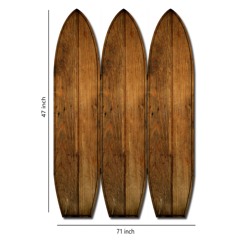 Plank Style Surfboard Shaped 3 Panel Wooden Room Divider, Brown-zoom-