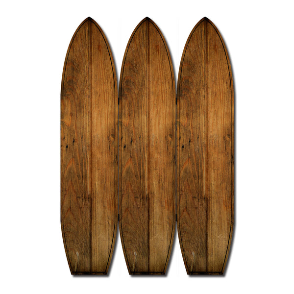 Plank Style Surfboard Shaped 3 Panel Wooden Room Divider, Brown