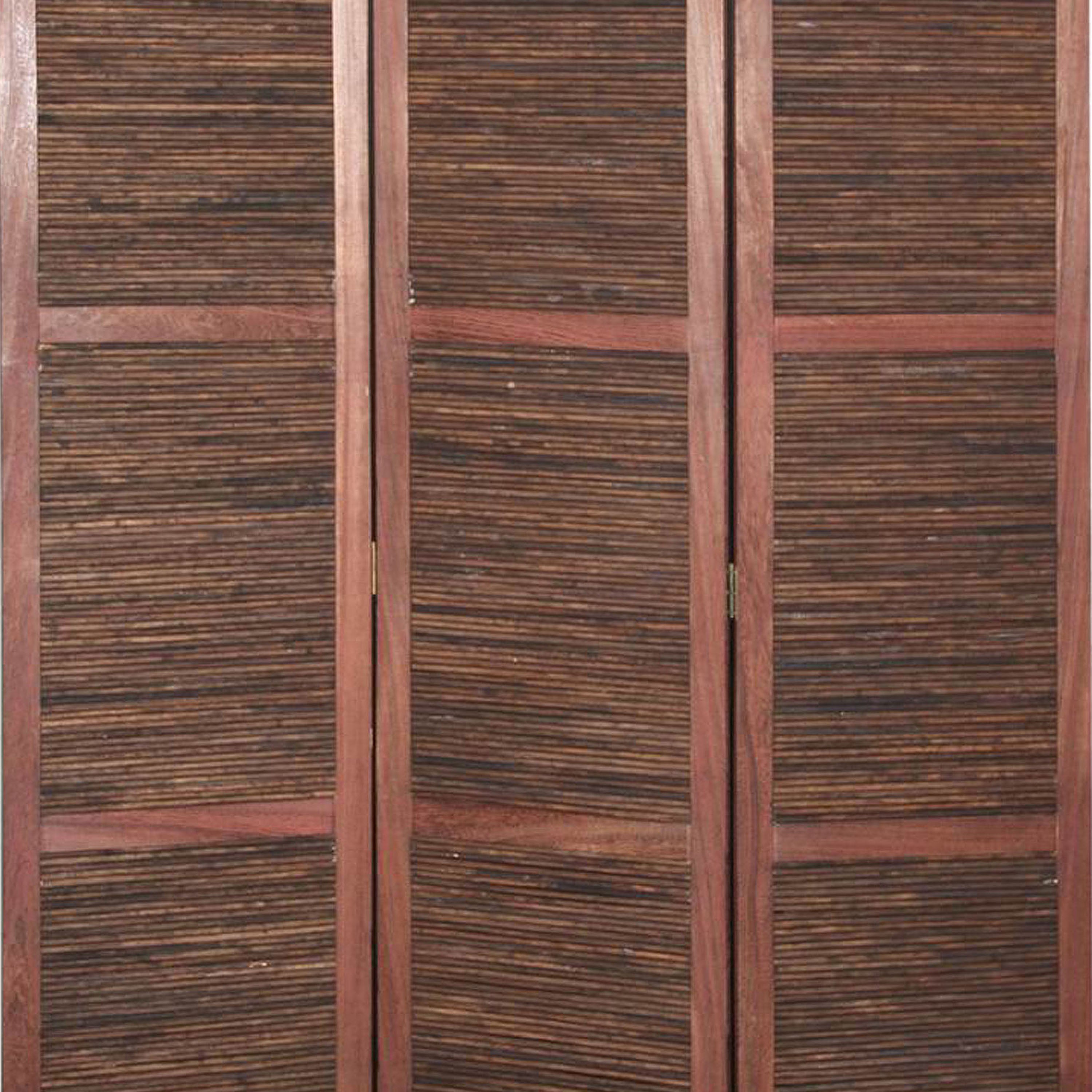 Wooden 3 Panel Room Divider with Horizontal Bamboo Stripes, Dark Brown-zoom-3