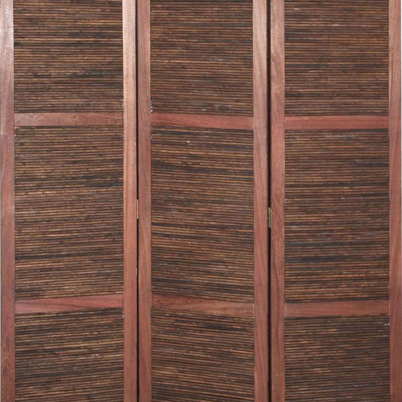 Wooden 3 Panel Room Divider with Horizontal Bamboo Stripes, Dark Brown-zoom-