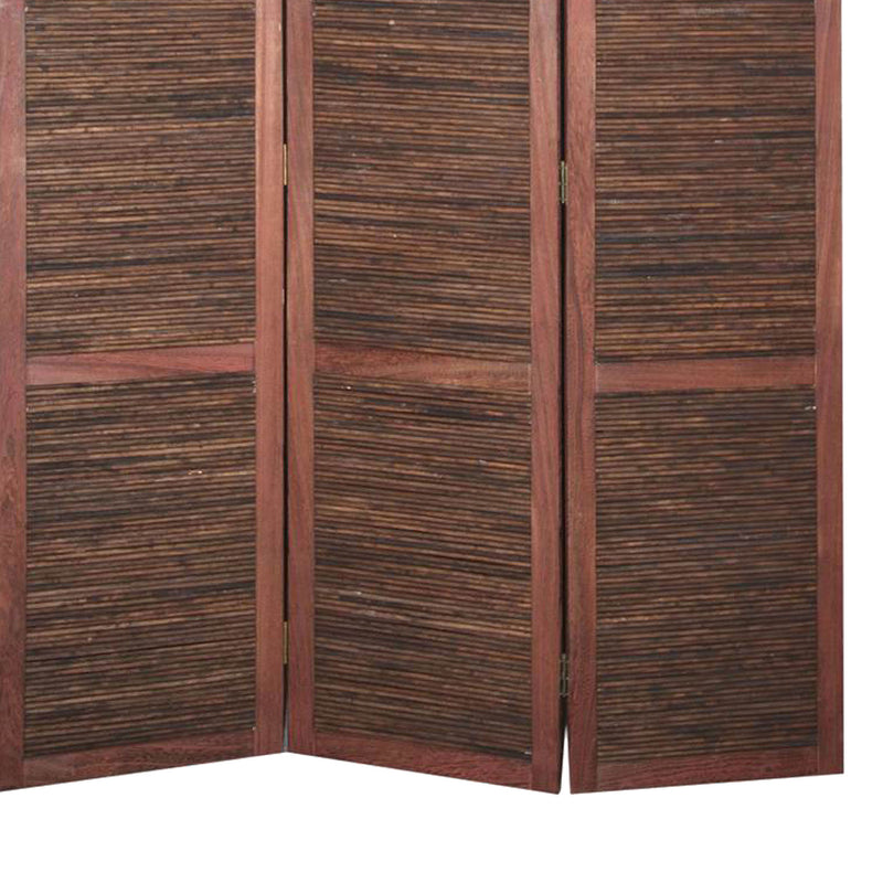 Wooden 3 Panel Room Divider with Horizontal Bamboo Stripes, Dark Brown-zoom-