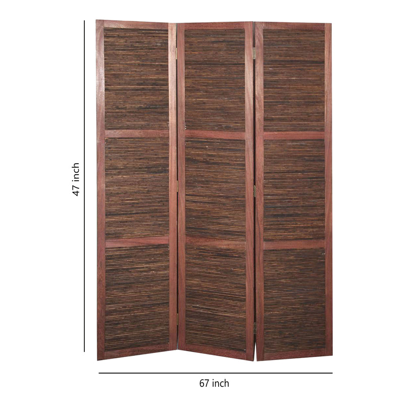 Wooden 3 Panel Room Divider with Horizontal Bamboo Stripes, Dark Brown-zoom-