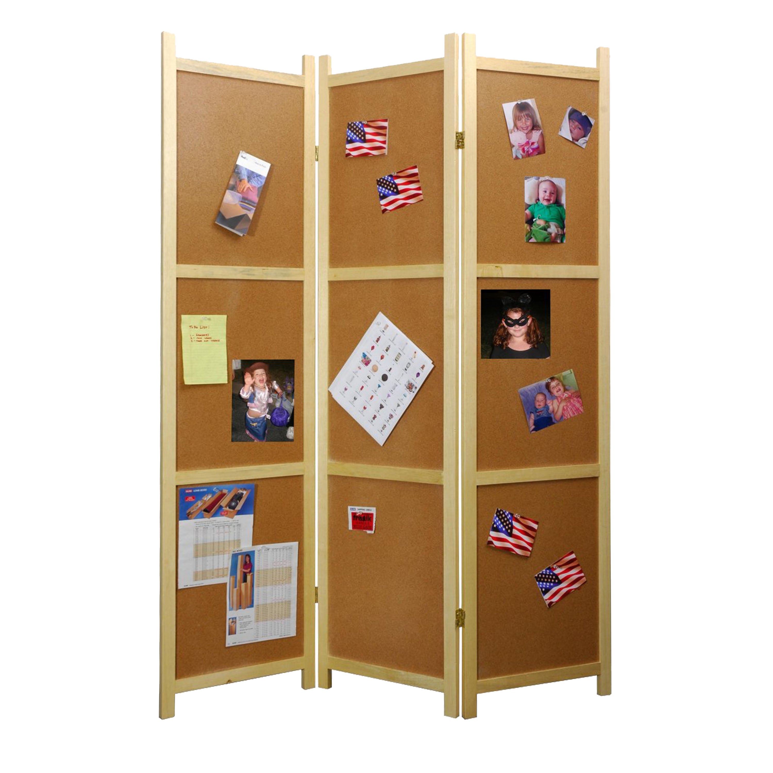 Contemporary Wooden 3 Panel Corkboard Room Divider, Oak Brown-zoom-1
