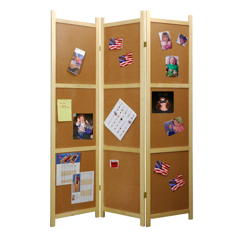 Contemporary Wooden 3 Panel Corkboard Room Divider, Oak Brown-zoom-
