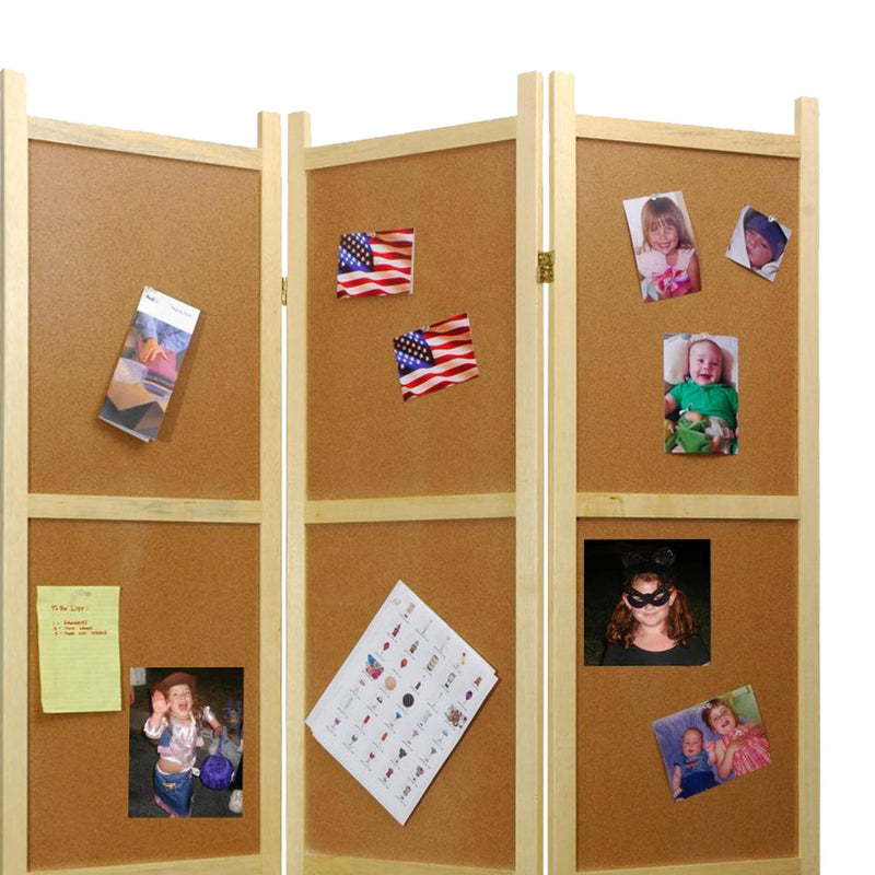 Contemporary Wooden 3 Panel Corkboard Room Divider, Oak Brown-zoom-