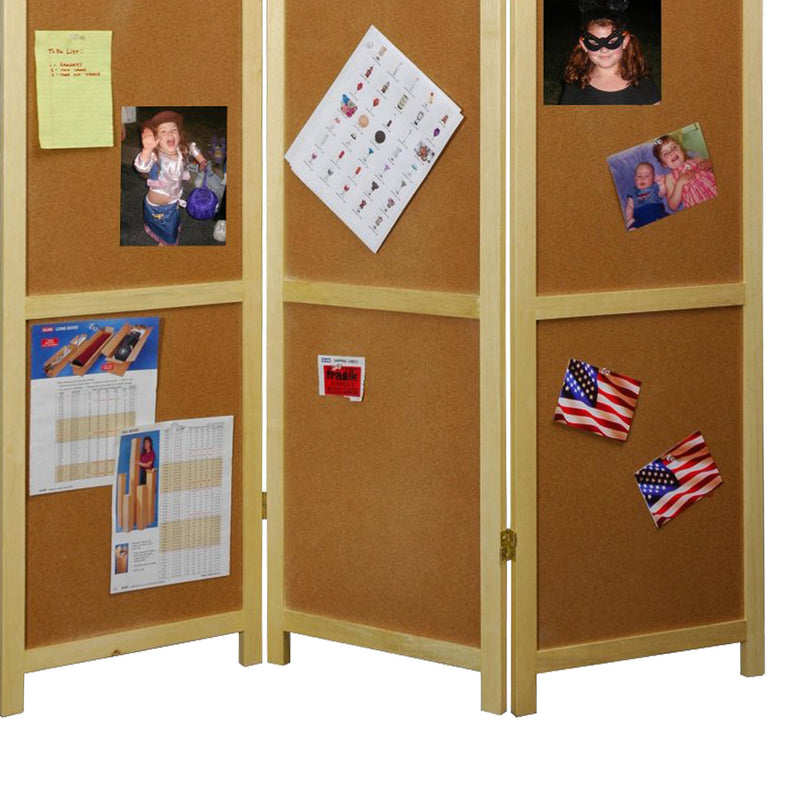 Contemporary Wooden 3 Panel Corkboard Room Divider, Oak Brown-zoom-