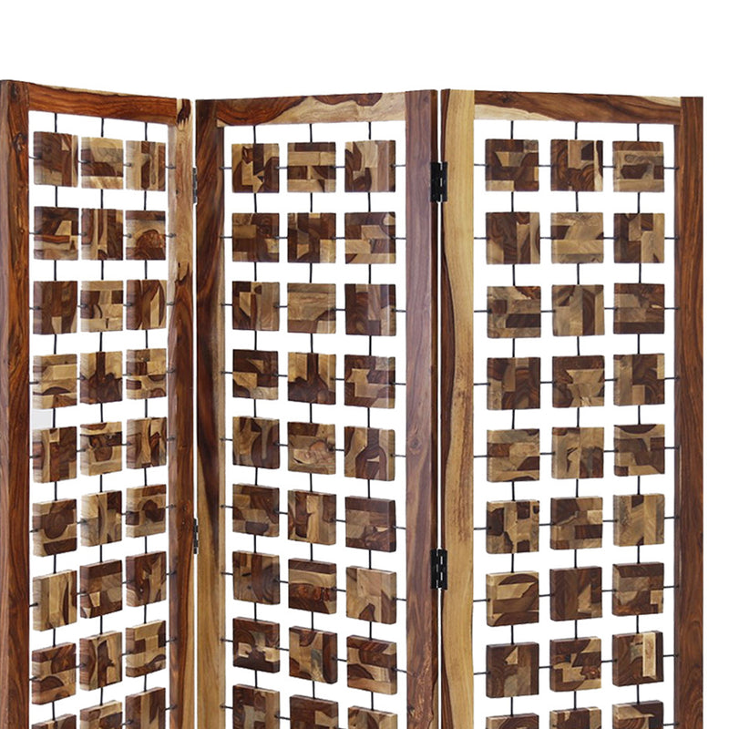Wooden 3 Panel Room Divider with Interconnected Square Blocks, Brown-zoom-