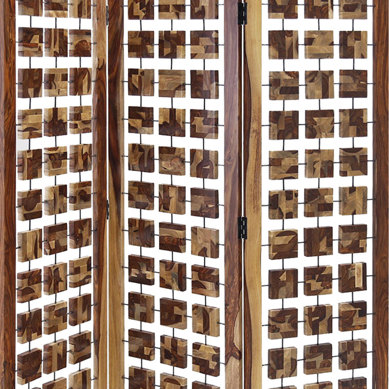 Wooden 3 Panel Room Divider with Interconnected Square Blocks, Brown-zoom-