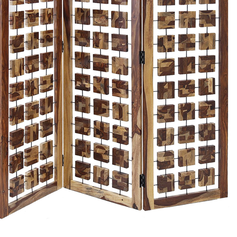Wooden 3 Panel Room Divider with Interconnected Square Blocks, Brown-zoom-