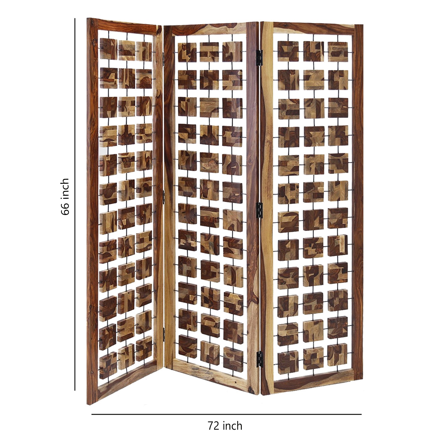Wooden 3 Panel Room Divider with Interconnected Square Blocks, Brown-zoom-5