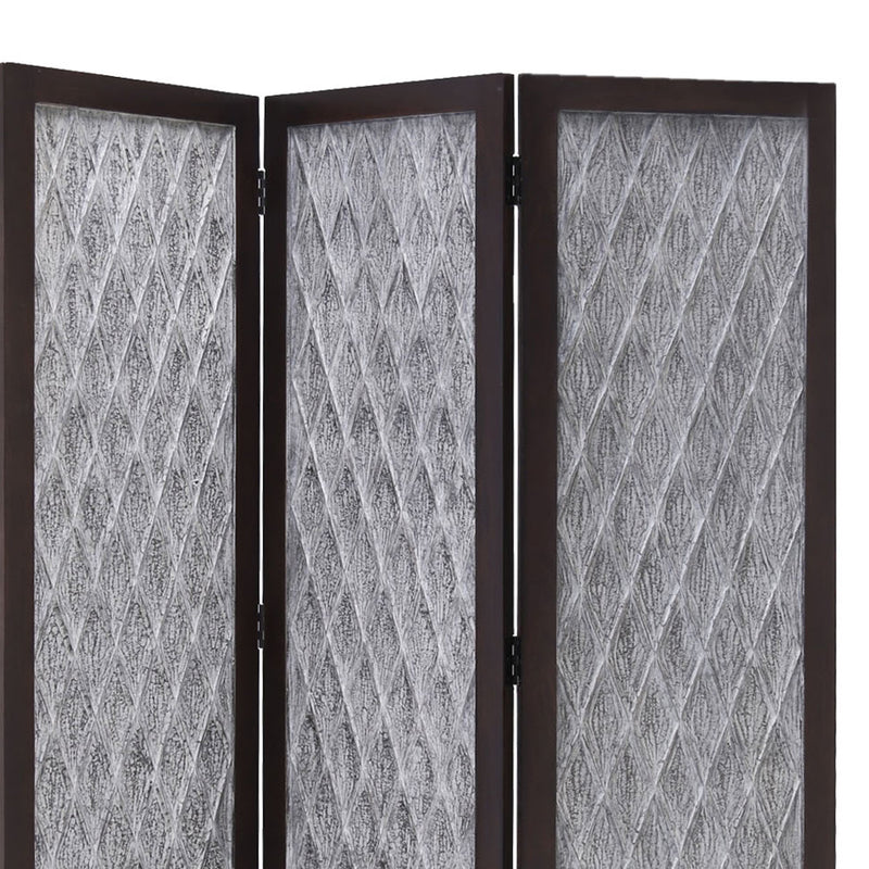 Wooden 3 Panel Room Divider with Textured Diamond Pattern, Gray and Black-zoom-