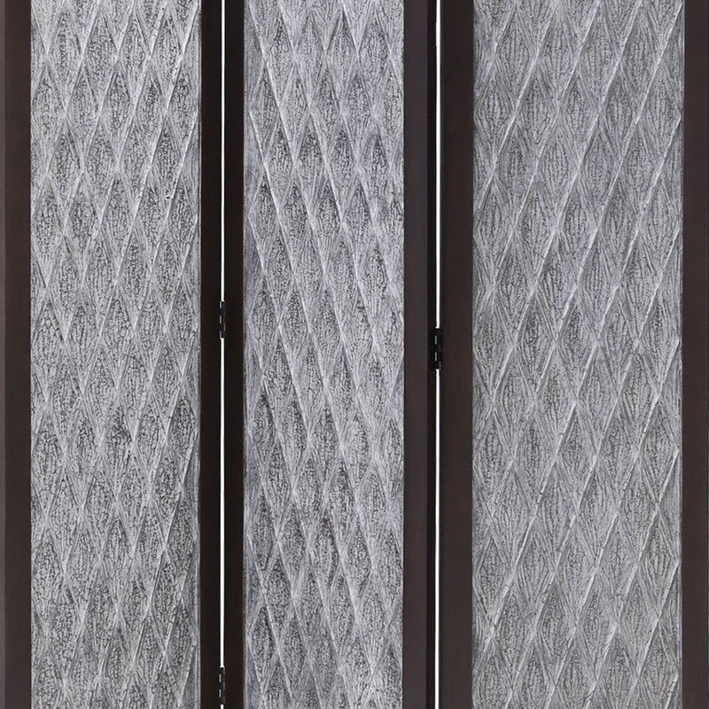 Wooden 3 Panel Room Divider with Textured Diamond Pattern, Gray and Black-zoom-
