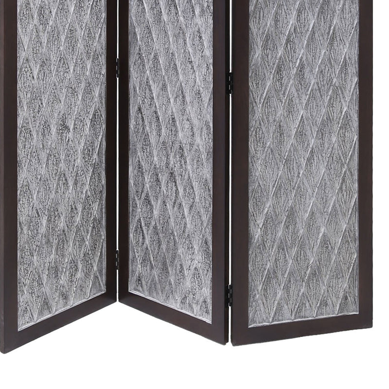 Wooden 3 Panel Room Divider with Textured Diamond Pattern, Gray and Black-zoom-