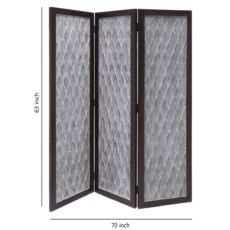 Wooden 3 Panel Room Divider with Textured Diamond Pattern, Gray and Black-zoom-