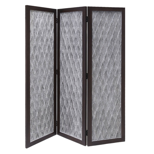 Wooden 3 Panel Room Divider with Textured Diamond Pattern, Gray and Black