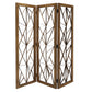 Wooden Handcrafted 3 Panel Room Divider with Intricate Iron Design, Brown
