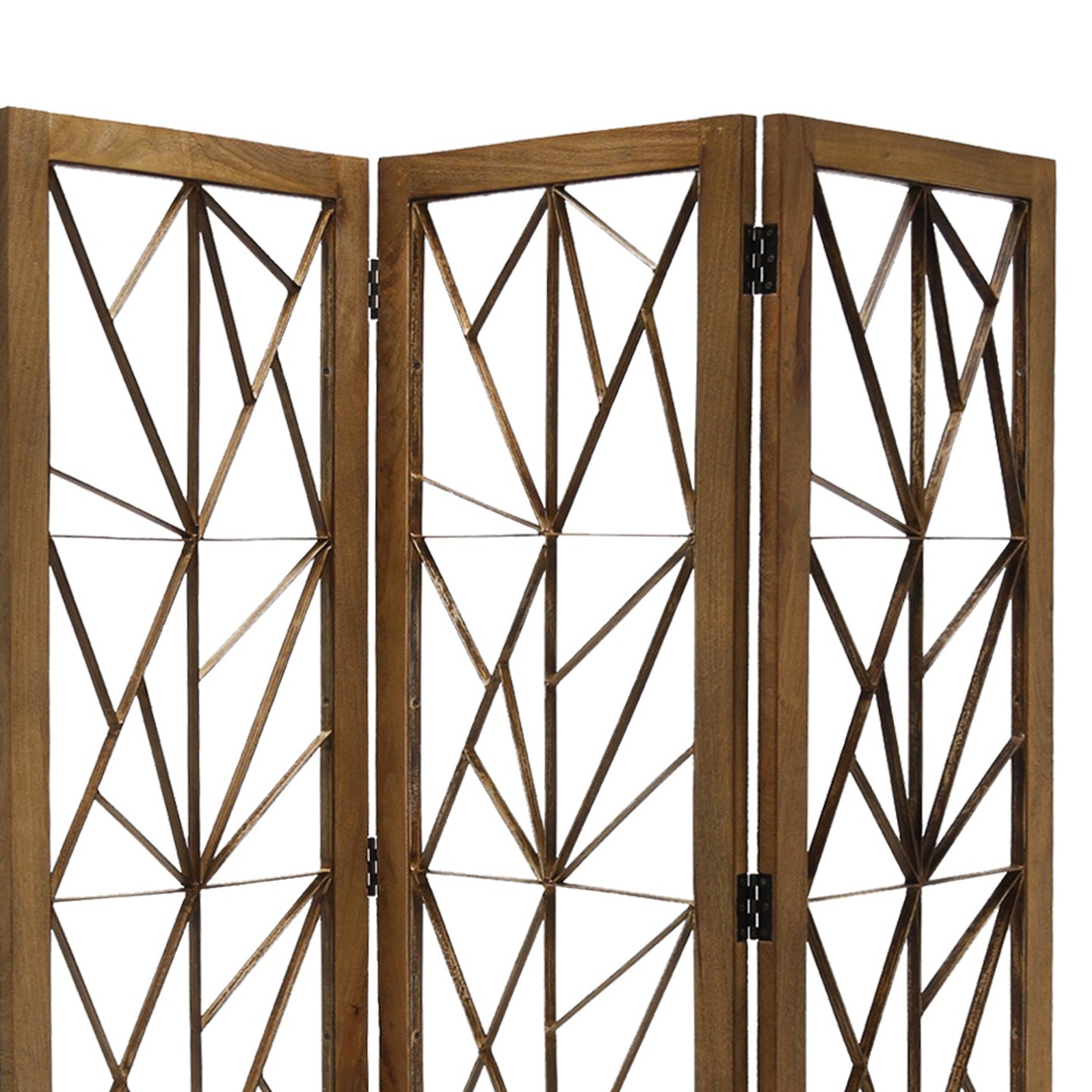 Wooden Handcrafted 3 Panel Room Divider with Intricate Iron Design, Brown-zoom-2