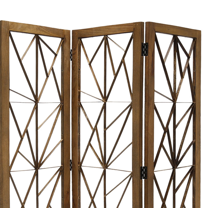 Wooden Handcrafted 3 Panel Room Divider with Intricate Iron Design, Brown-zoom-