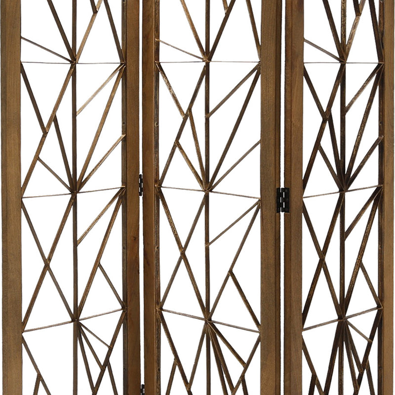 Wooden Handcrafted 3 Panel Room Divider with Intricate Iron Design, Brown-zoom-