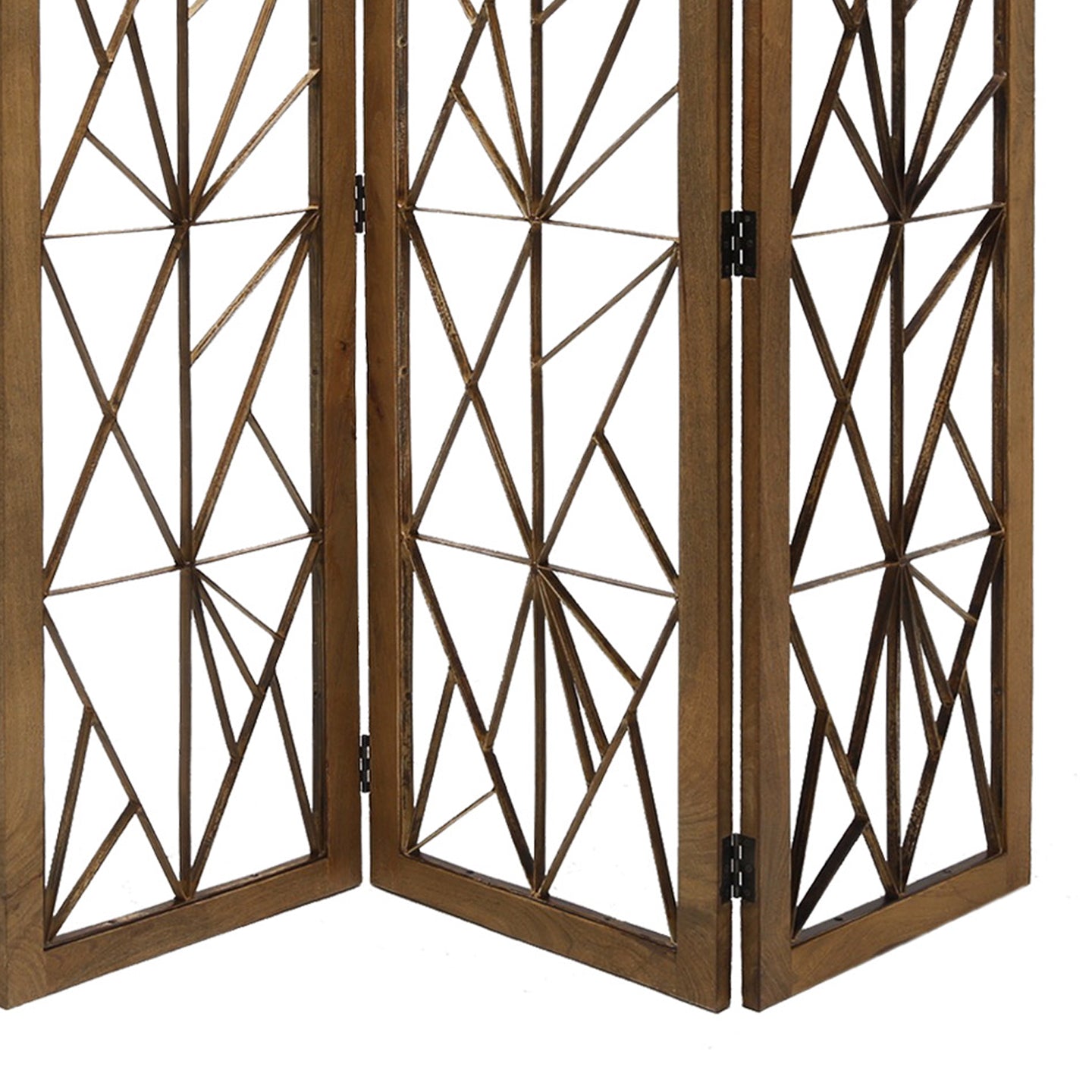Wooden Handcrafted 3 Panel Room Divider with Intricate Iron Design, Brown-zoom-4