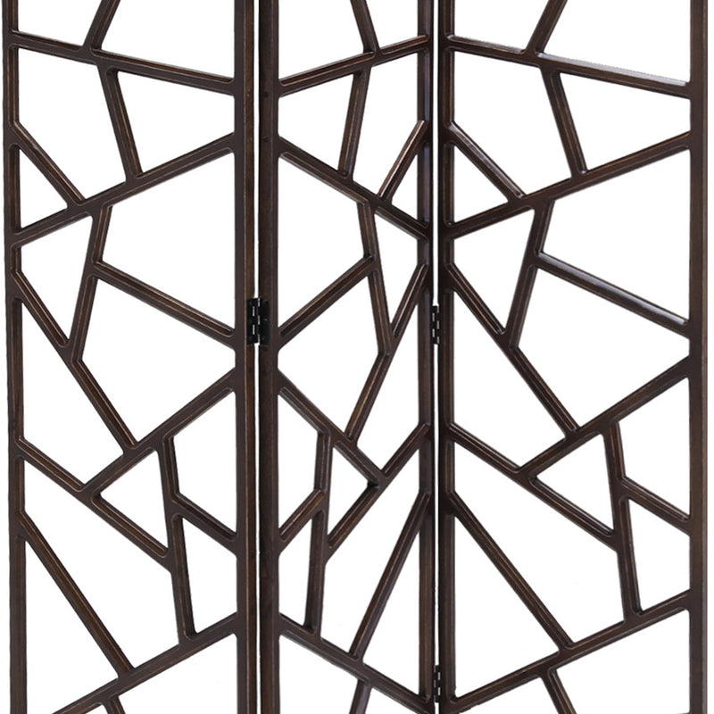Wooden 3 Panel Room Divider with Intricate Design, Espresso Brown-zoom-