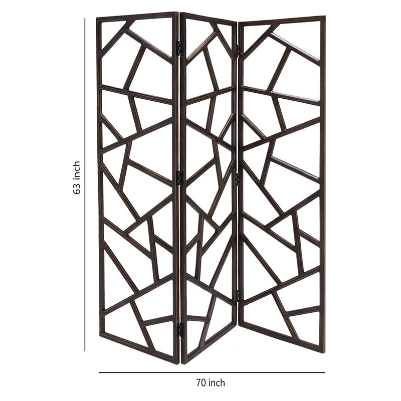 Wooden 3 Panel Room Divider with Intricate Design, Espresso Brown-zoom-
