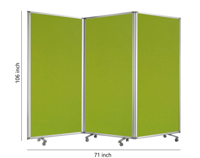 Accordion Style Fabric Upholstered 3 Panel Room Divider, Green and Gray-zoom-