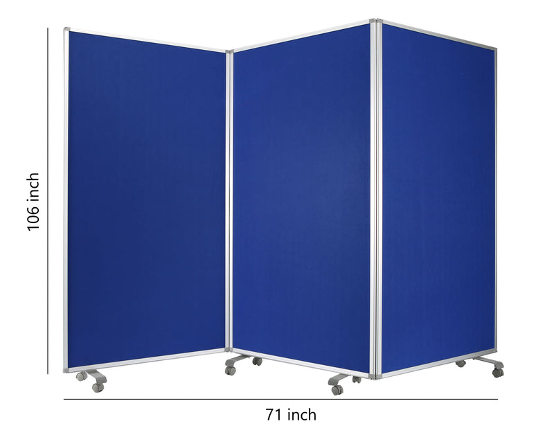 Accordion Style Fabric Upholstered 3 Panel Room Divider, Blue and Gray-zoom-