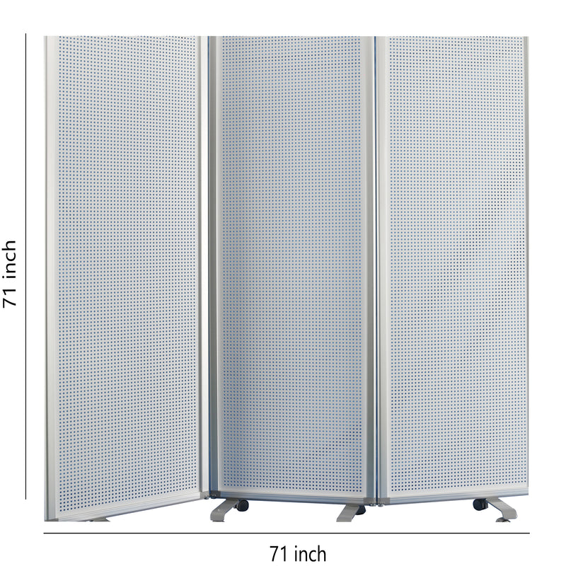 Accordion Style Metal 3 Panel Room Divider with Perforated Details, White-zoom-