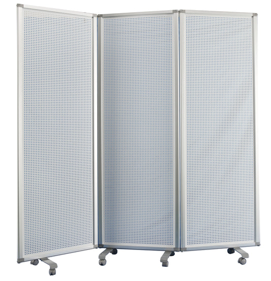 Accordion Style Metal 3 Panel Room Divider with Perforated Details, White