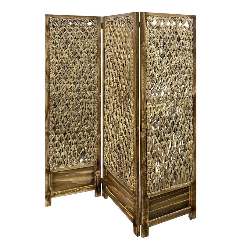 Woven Seagrass 3 Panel Wooden Room Divider, Natural Brown-zoom-
