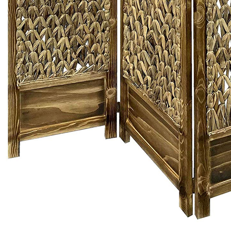 Woven Seagrass 3 Panel Wooden Room Divider, Natural Brown-zoom-