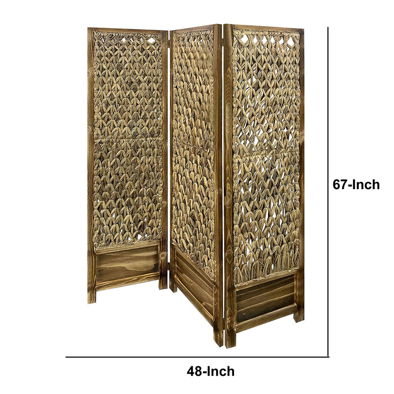 Woven Seagrass 3 Panel Wooden Room Divider, Natural Brown-zoom-
