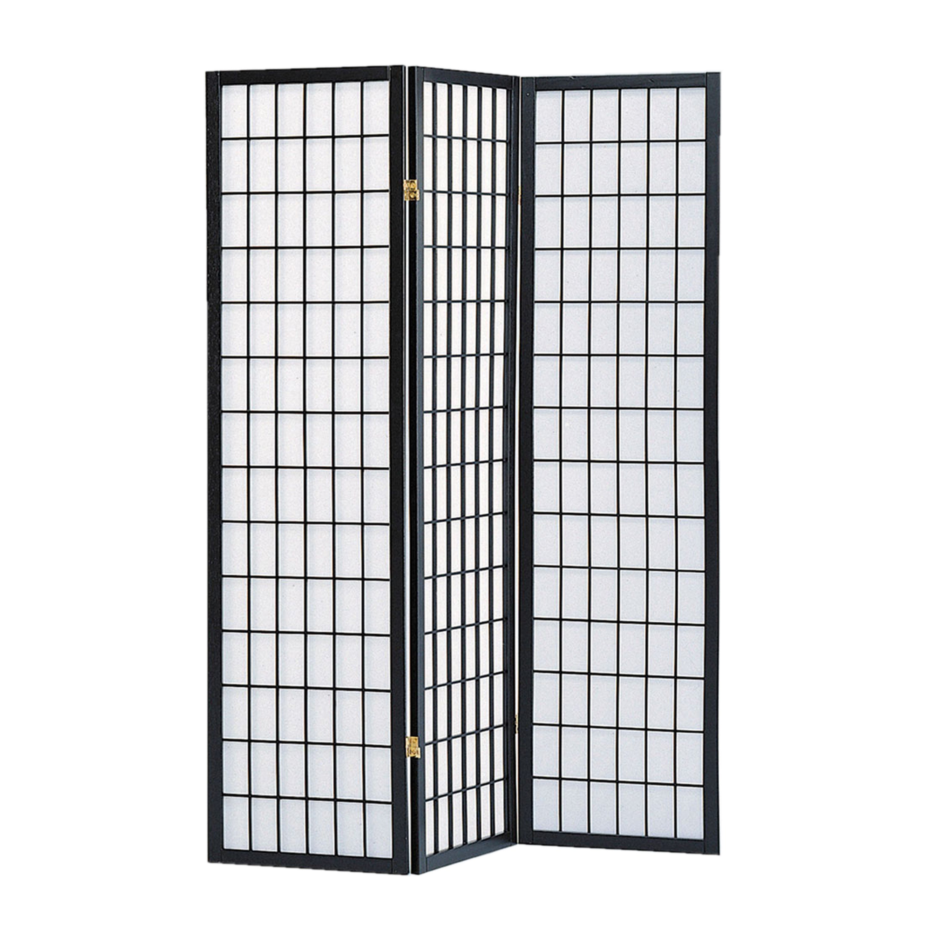 Wooden 3 Panel Room Divider with Shoji Paper Inserts, Black and White-zoom-1