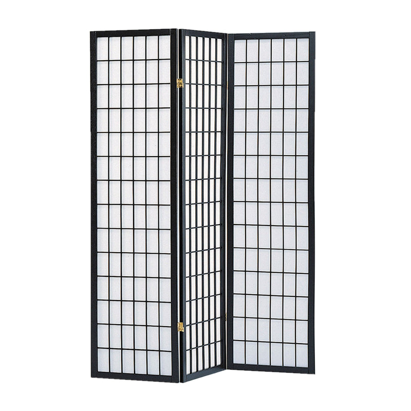 Wooden 3 Panel Room Divider with Shoji Paper Inserts, Black and White-zoom-