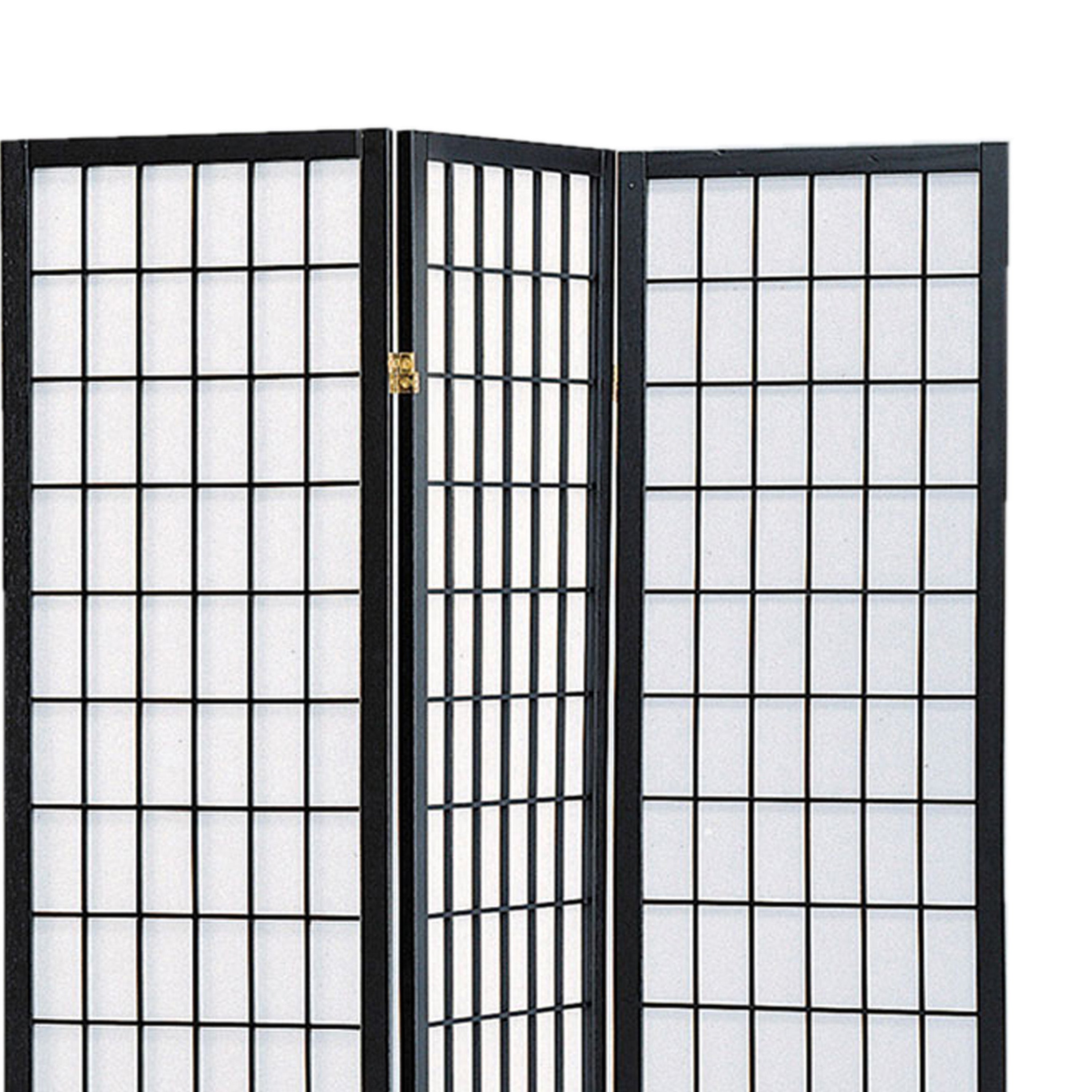 Wooden 3 Panel Room Divider with Shoji Paper Inserts, Black and White-zoom-2