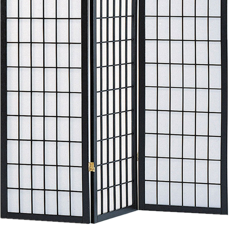 Wooden 3 Panel Room Divider with Shoji Paper Inserts, Black and White-zoom-