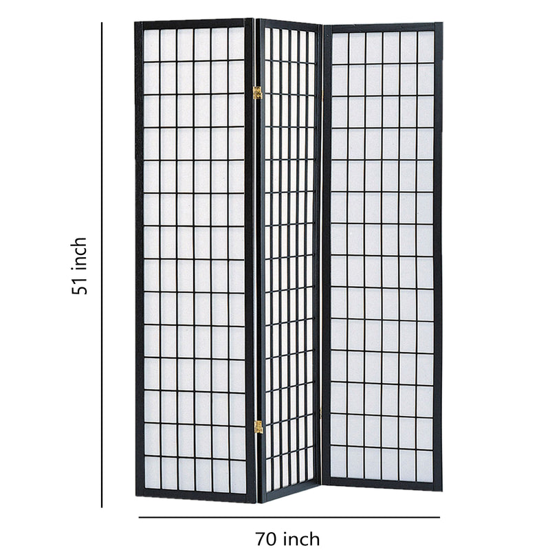 Wooden 3 Panel Room Divider with Shoji Paper Inserts, Black and White-zoom-