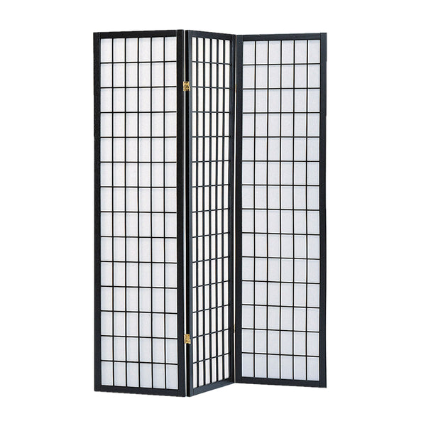 Wooden 3 Panel Room Divider with Shoji Paper Inserts, Black and White