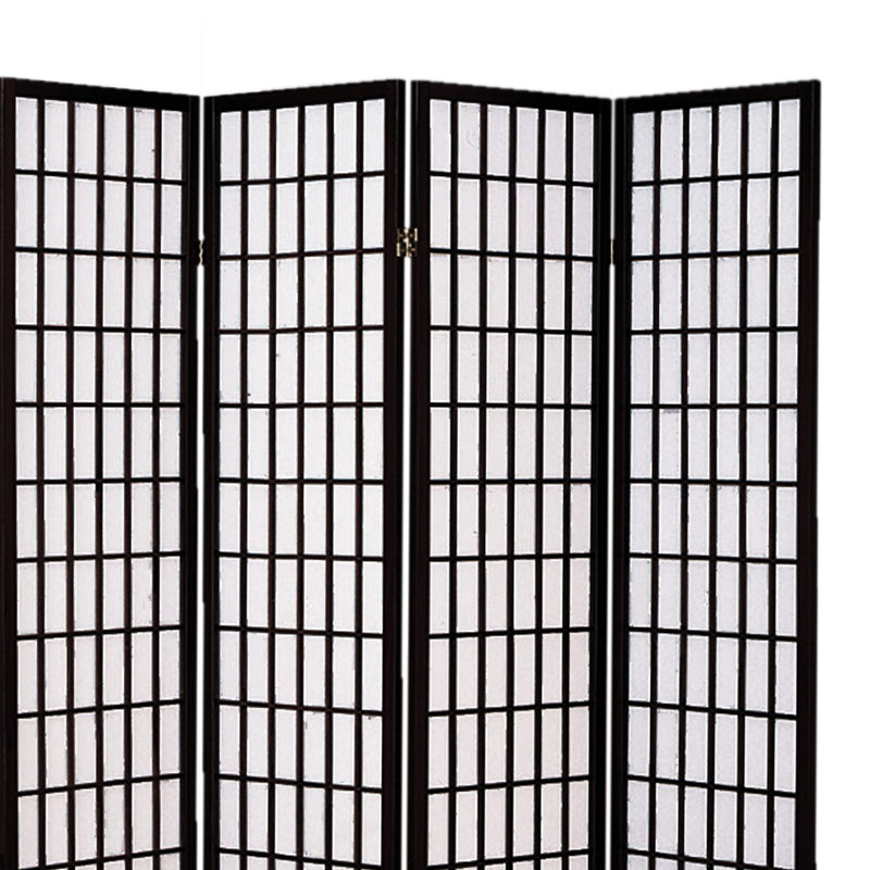 Wooden 4 Panel Room Divider with Shoji Paper Inserts, Black and White-zoom-