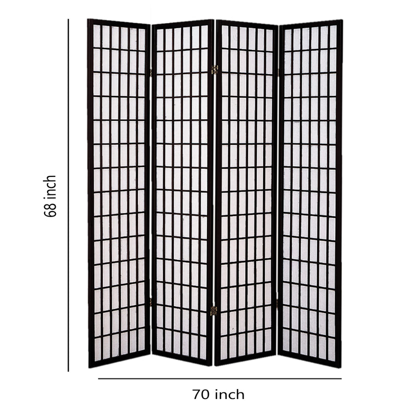 Wooden 4 Panel Room Divider with Shoji Paper Inserts, Black and White-zoom-